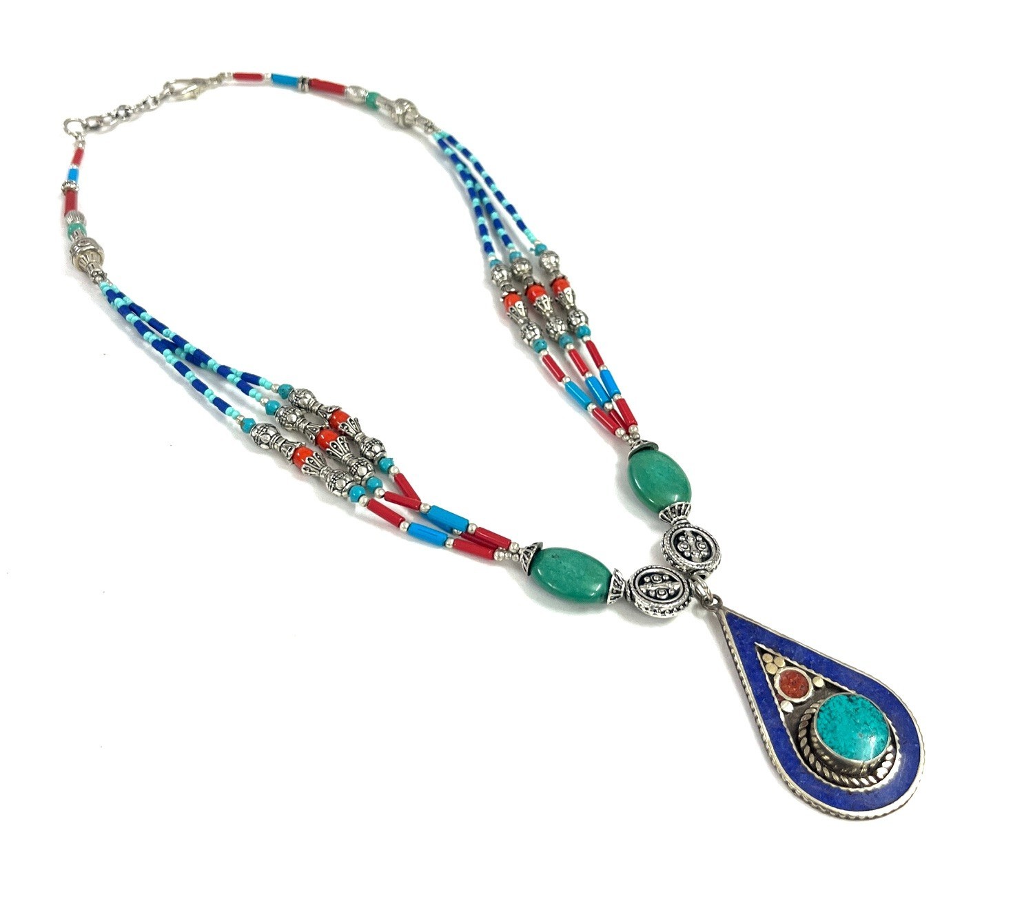Antique Lapis Turquoise Gemstone Tibetan Style Necklace Jewelry, 18 Inc Adjs