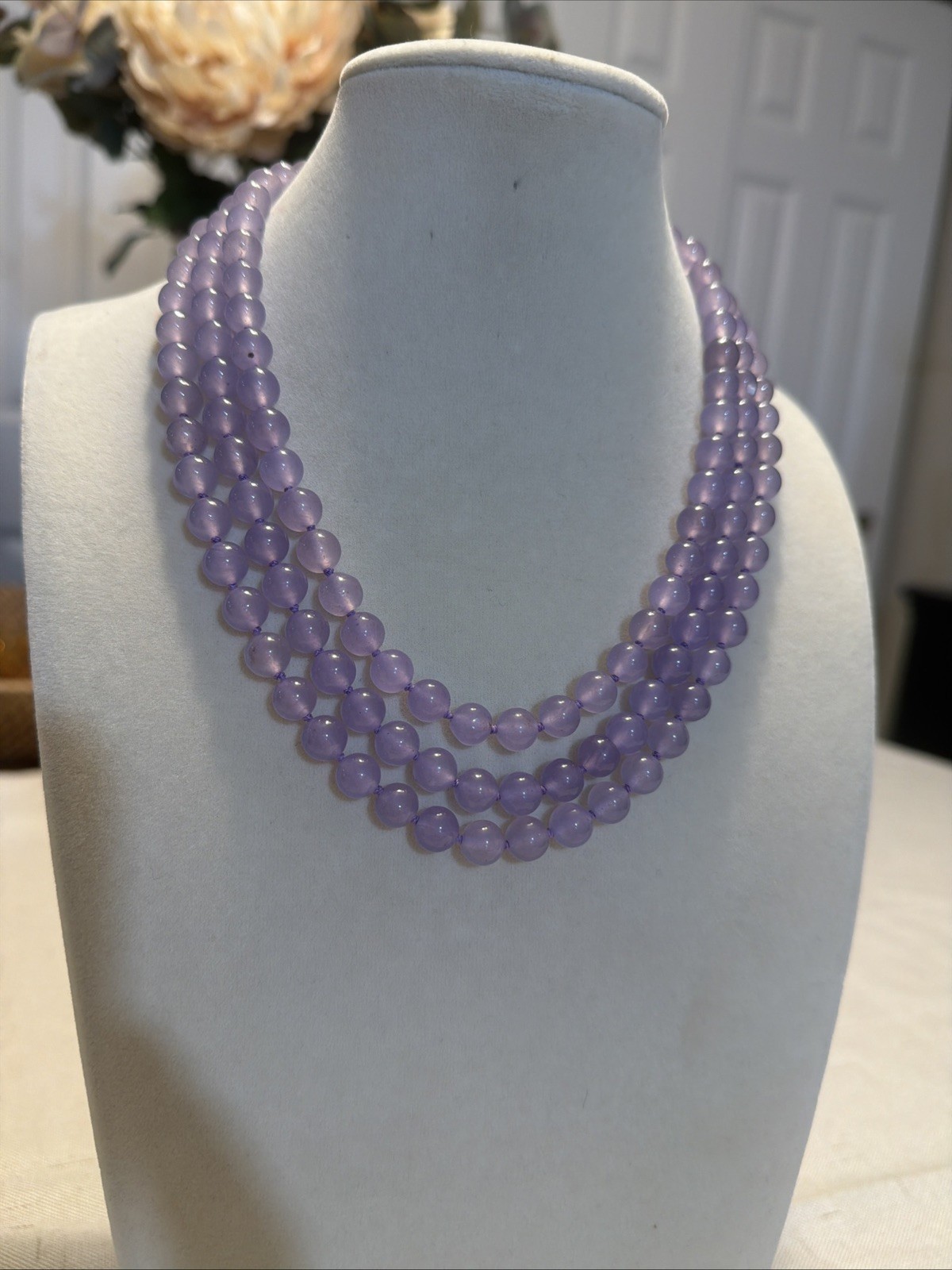 Vintage 3Row 8mm purple chalcedony jades necklace 17-19”
