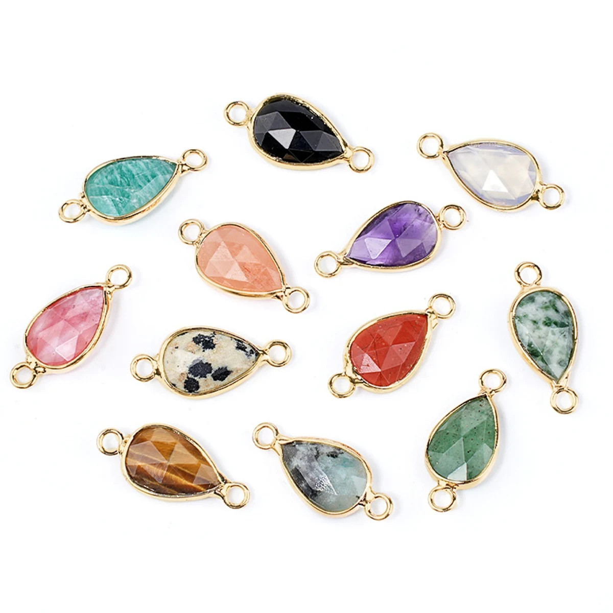 6PC 9x21mmTeardrop Connector Charms Faceted Crystal Double Loops Gold Tone