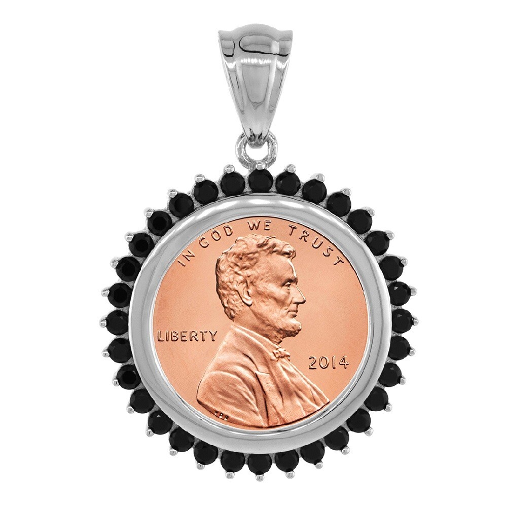 19 mm Sterling Silver Halo Black CZ Stones 1 Cent Coin Bezel Pendant, Box Chain