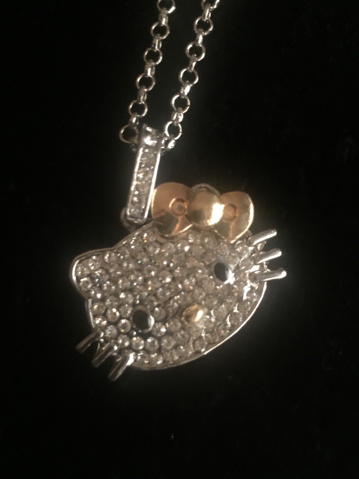 Hello Kitty Pendant Necklace Silver Chain Rhinestone Gold Bow None Tarnishing