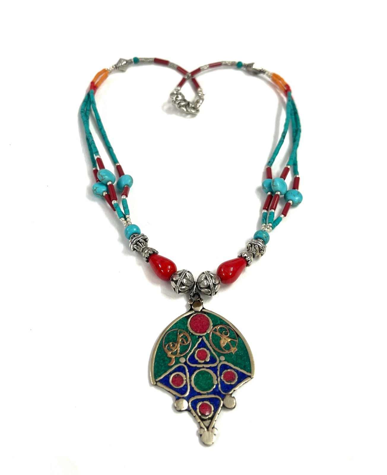 Malachite Turquoise Coral Gemstone Tibetan Pendant Necklace Jewelry, 18 Inc Adjs