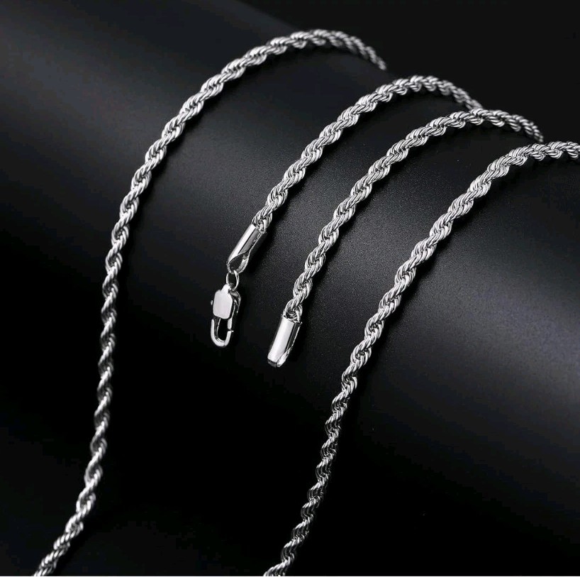 3mm Rope Chain Stainless Steel Necklace for Men, Silver Tone Mens Chain Necklace