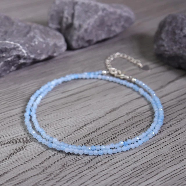 Blue Aquamarine Choke Necklace Tiny 2mm Beaded r Healing Delicate Women Crystal