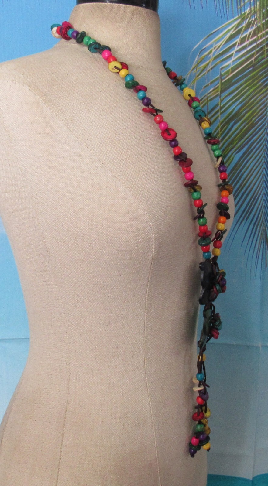 Brown Cord Necklace with Multicolor Wood Beads & 2 Wood Butterflies 32″
