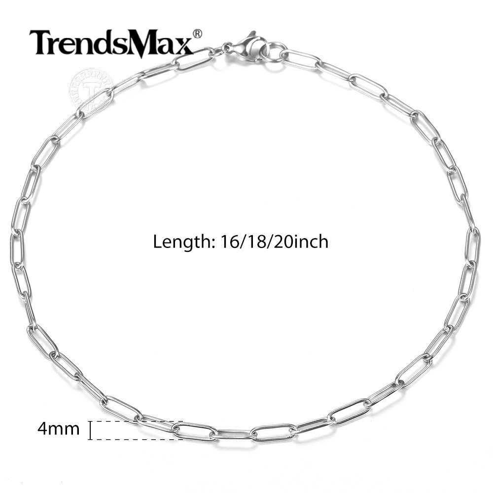 4mm 16-20 inch Stainless Steel Paperclip Chain Necklace Men Women Choker Jewelry