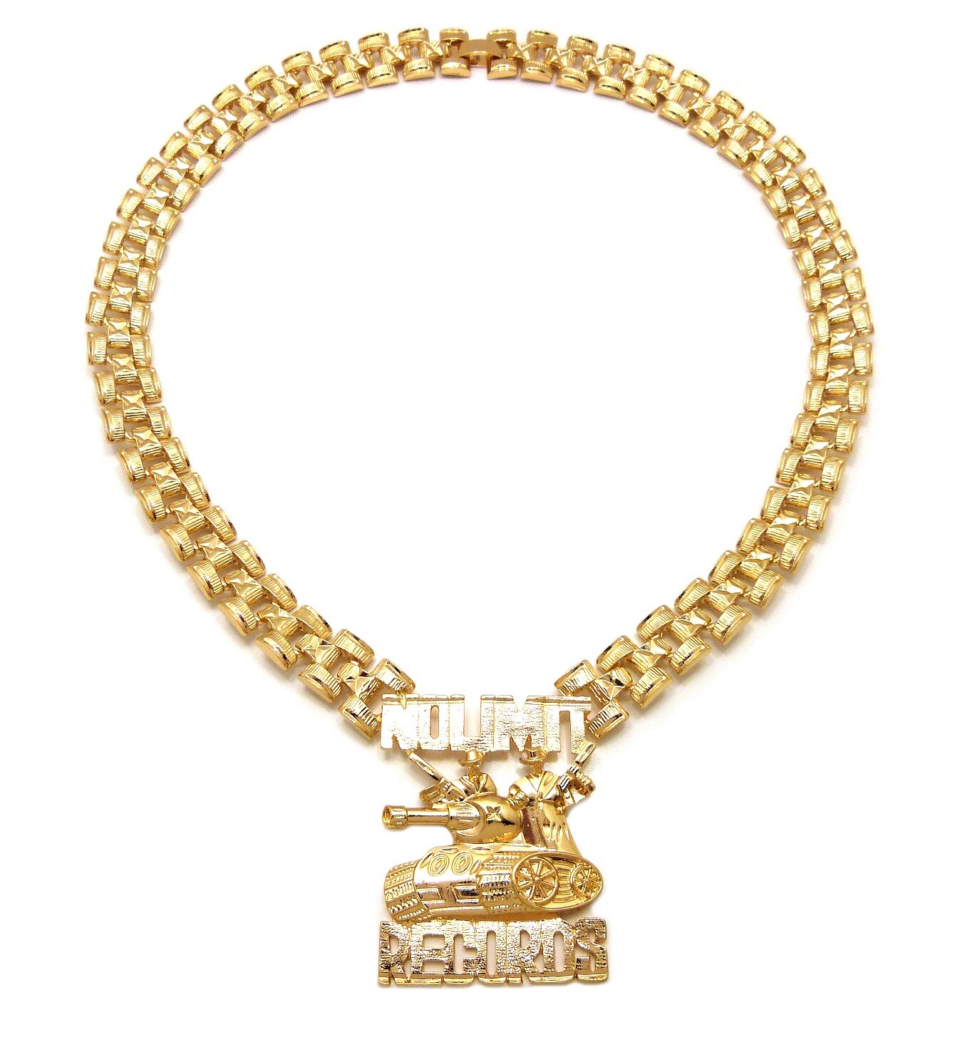 Hip Hop Icy Gold PT No Limit Records Tank Pendant & 13mm 20″ Tank Chain Necklace