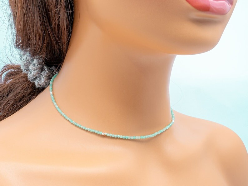 A++ Natural Amazonite Faceted Round Gemstone Beads Handmade Women Necklaces 18”