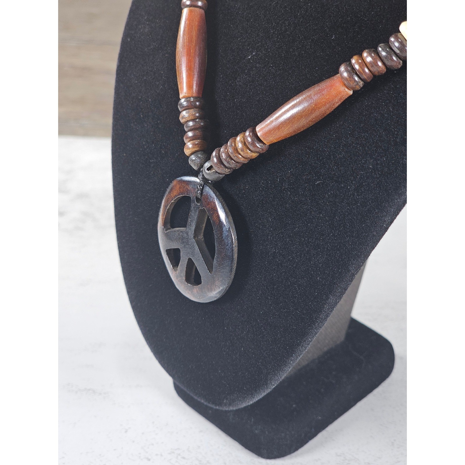 Vintage Wood Peace Sign Necklace Boho Beaded Cord Pendant