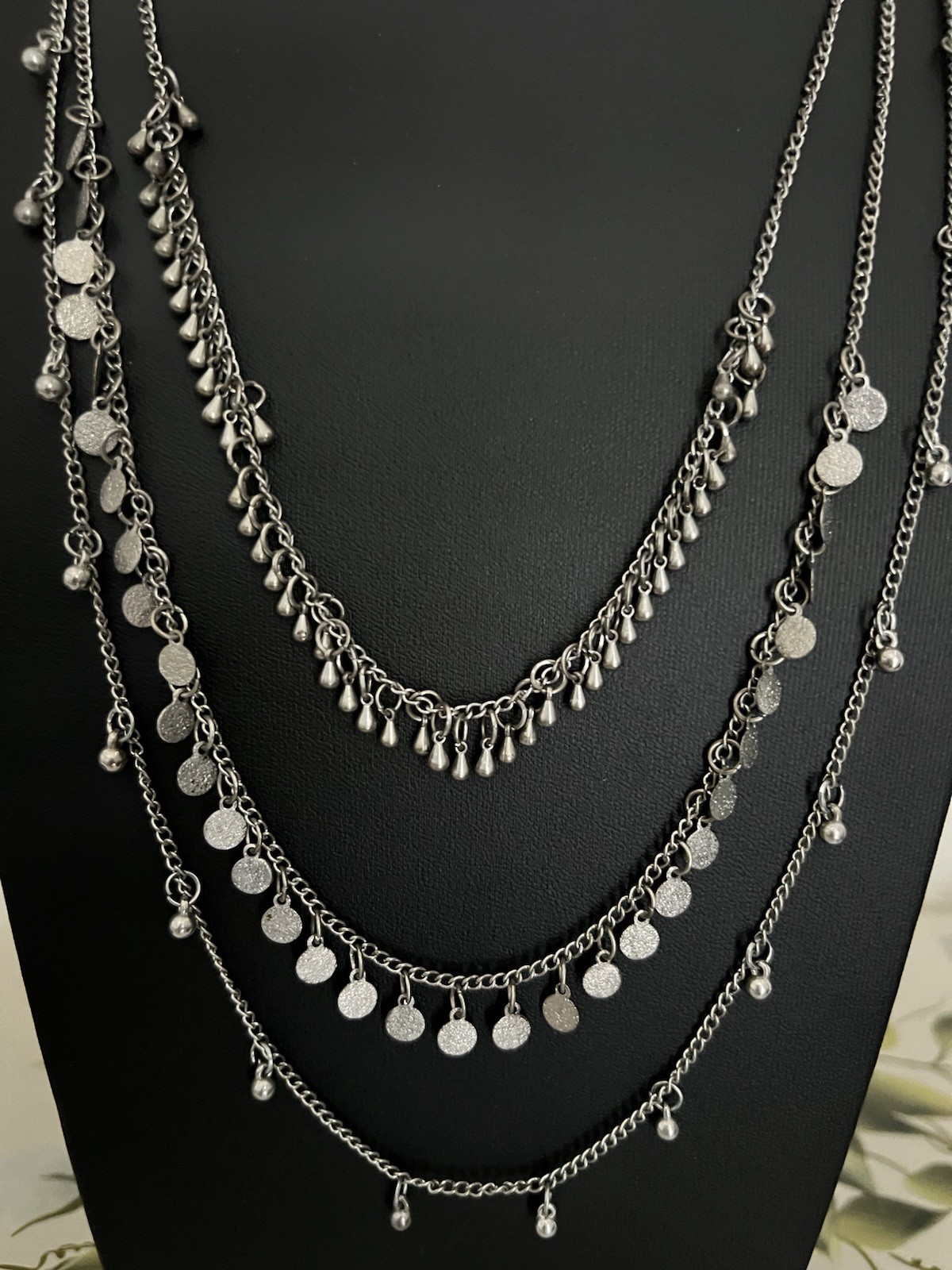 Silver Tone Layered Coin Charm Necklace Boho Multi Strand Statement Jewelry