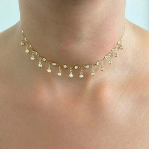 14K Yellow Gold FN Diamond Dainty Dangle Choker By The Yard Necklace 16″Chain