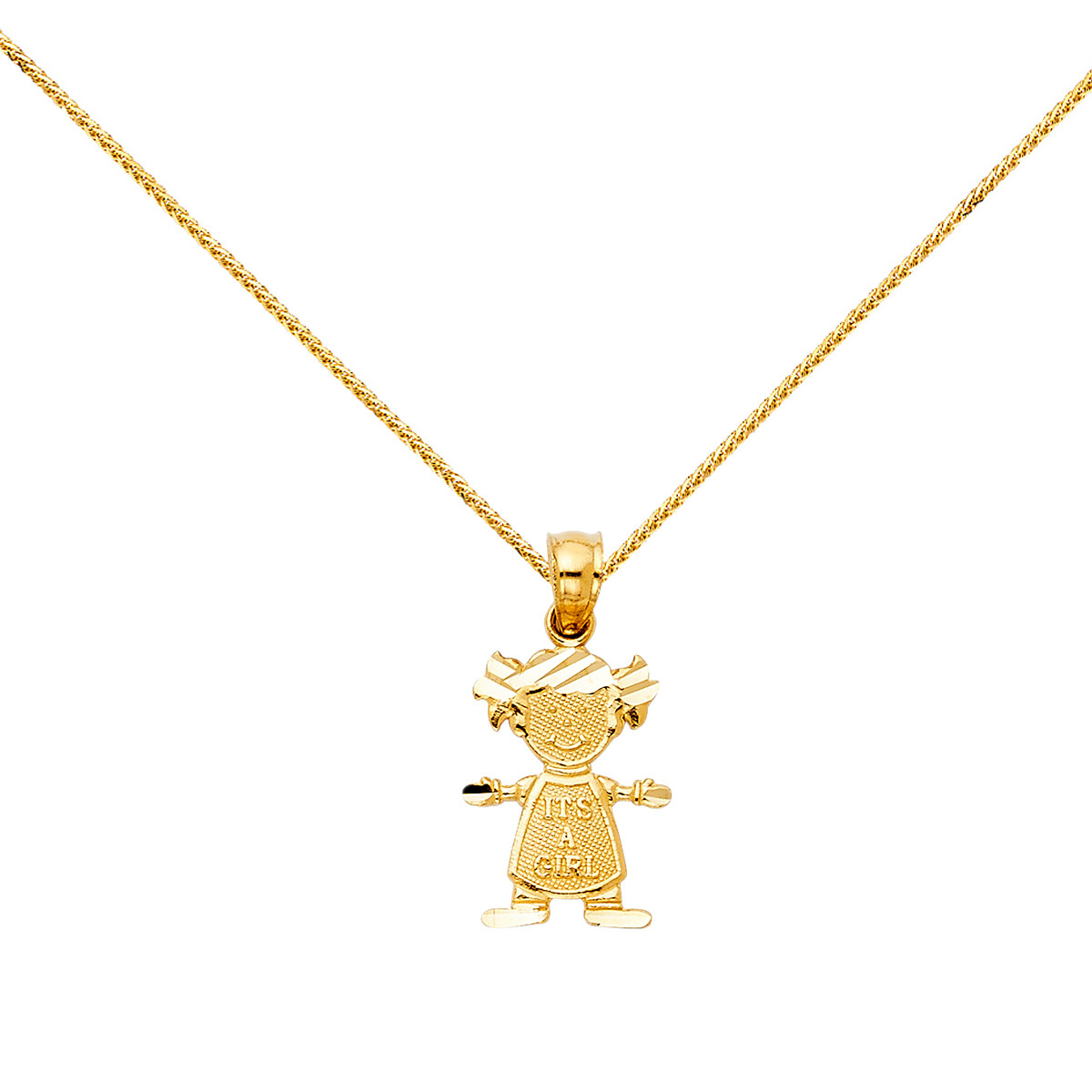 14k Yellow Gold Girl Pendant with 0.8 mm Square Wheat Chain 16″ 18″ 20″ 22″ 24″
