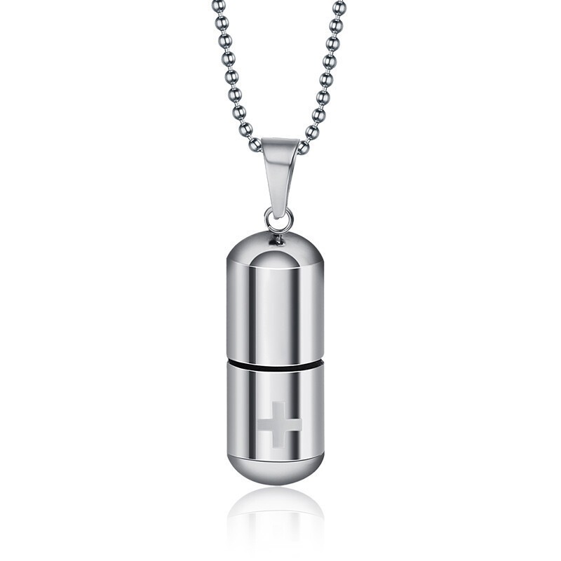 Silver Pendant Necklace Perfume Bottle Medical Pill Capsule Container Women Men