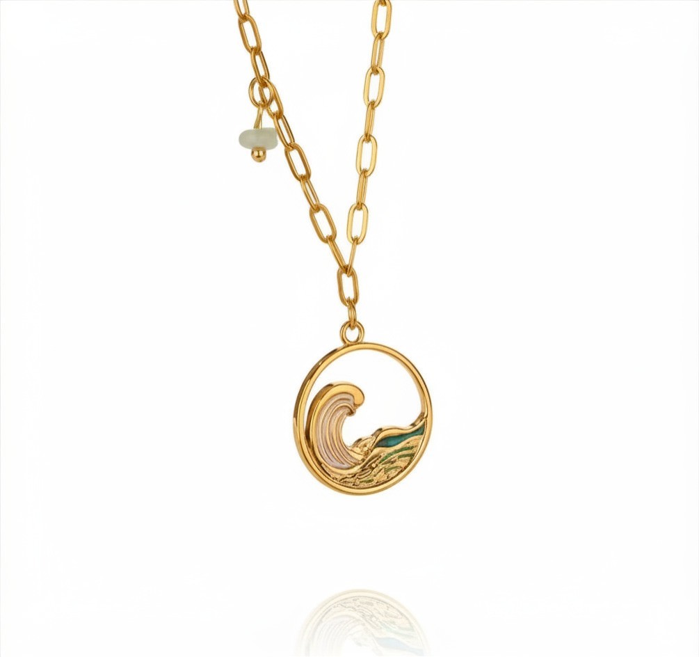 18K Gold-plated Link Chain Necklace w/ Round Wave Charm Pendant & Green Crystal