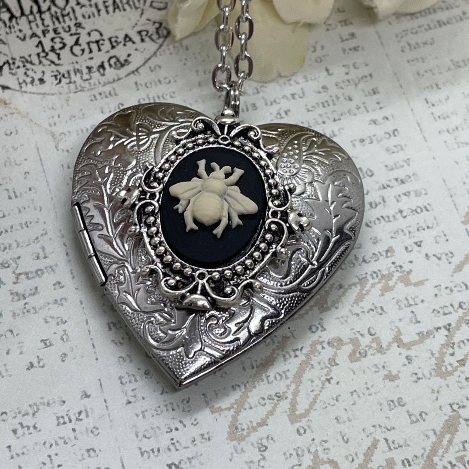 Heart Silver Locket Bee Honey Bumble Cameo Necklace Photo Bride bridal wedding