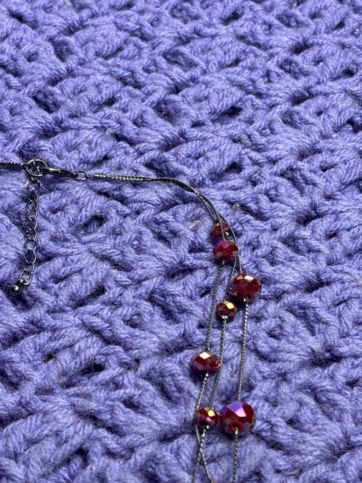 3 Strand Gunmetal Chain Necklace Red Iridescent Faceted Glass Station Beads