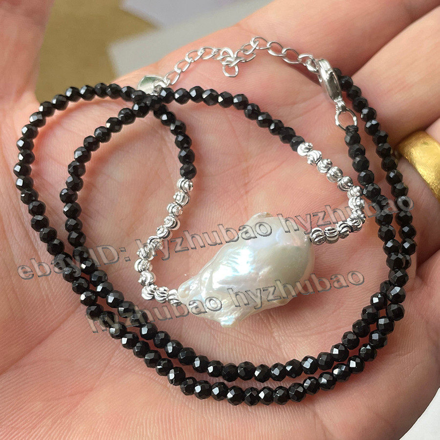 3mm Faceted Black Spinel & 25mm White Baroque Keshi Pearl Pendant Necklace 18″