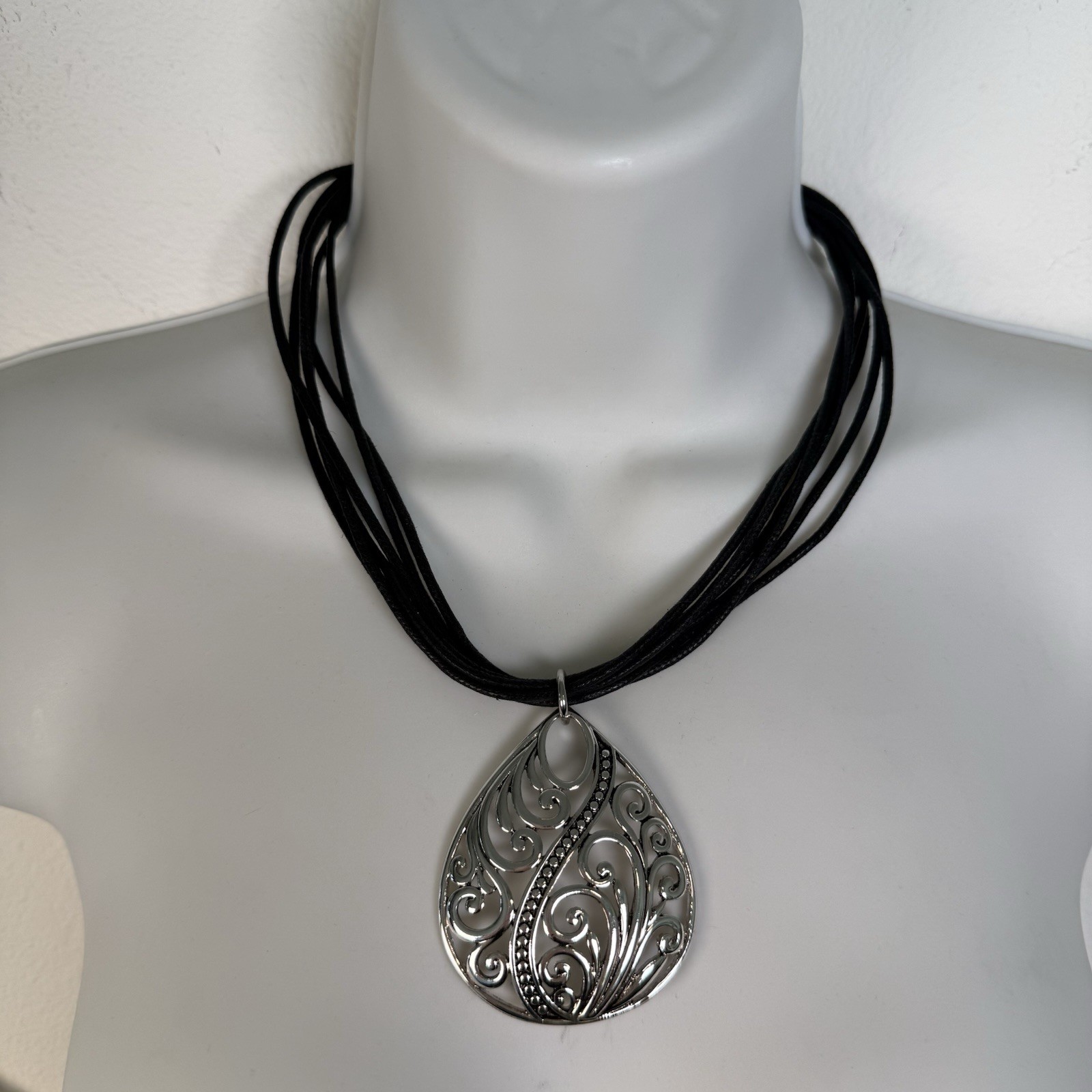 Scroll By Dillards Silver Tone Pendant Necklace Multi Strand Faux Leather NWT