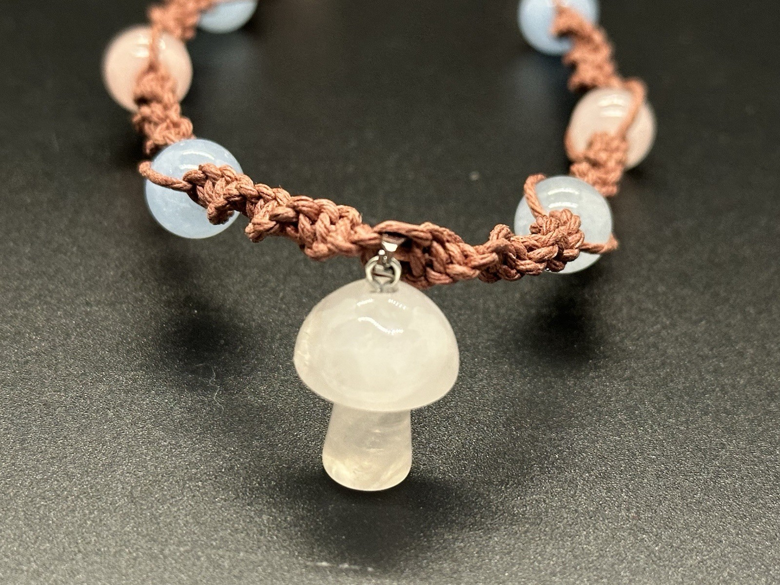 White Mushroom Pendant Necklace Handmade W/ Aquamarine & Rose Quartz 16″