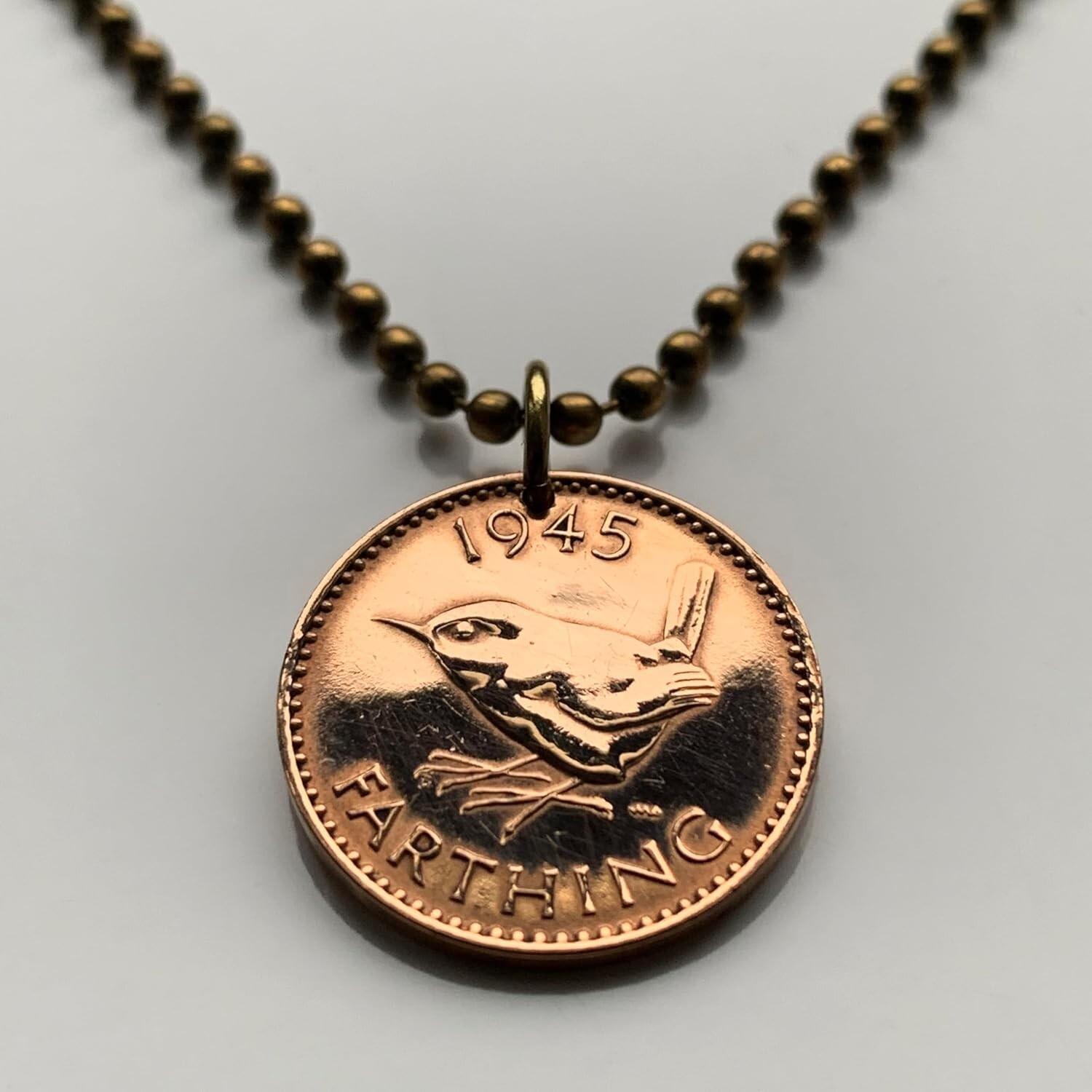 1945 United Kingdom Great Britain 1 Farthing coin pendant wren Jenny bird 000049