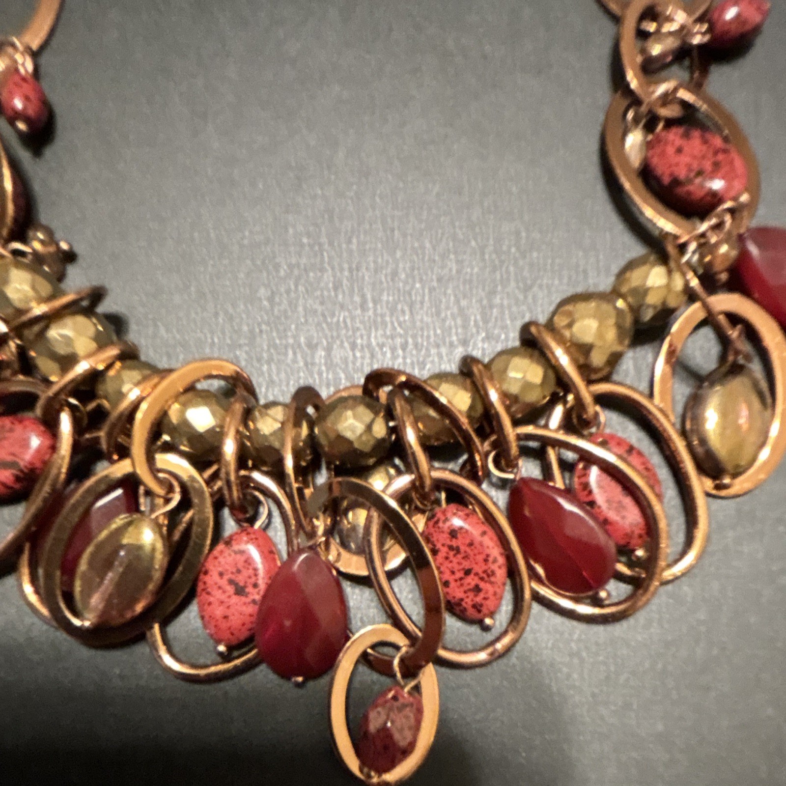 Gold Tone Statement Necklace, Oval Link Chain, Red Oval Beads, Adjustable