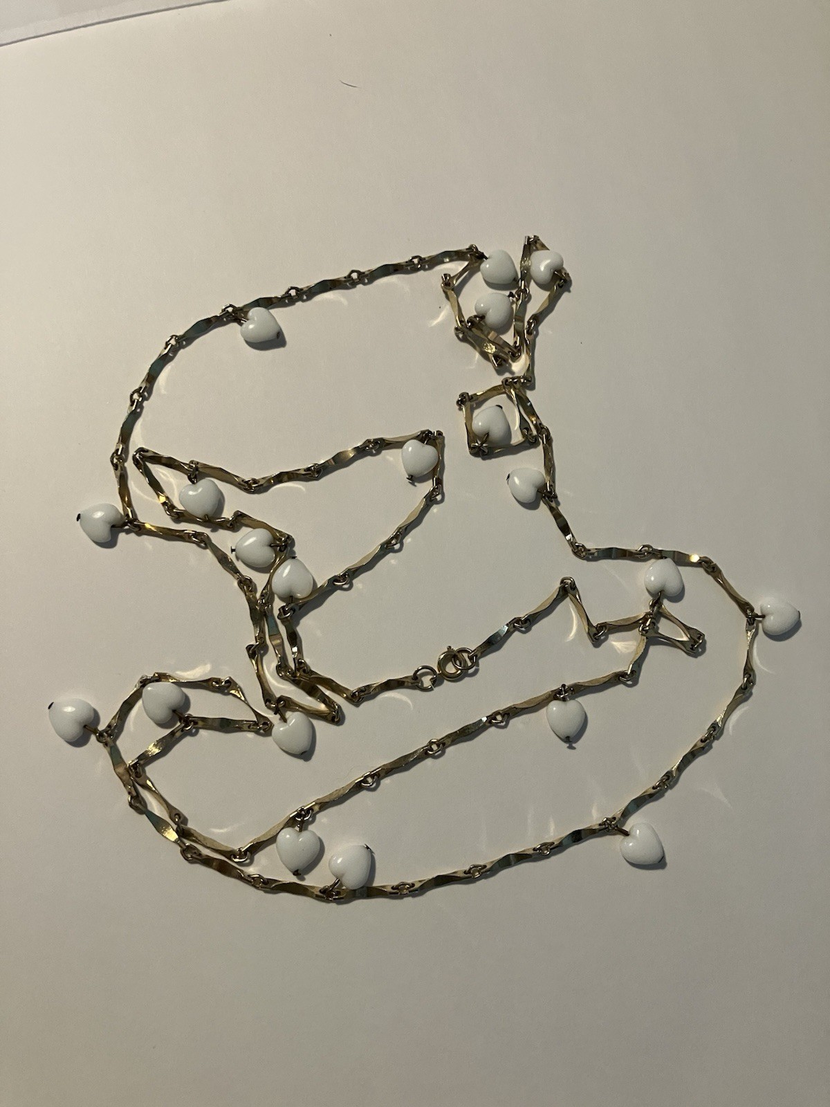 White Hearts And Gold Tone Chain Necklace 26 inch long