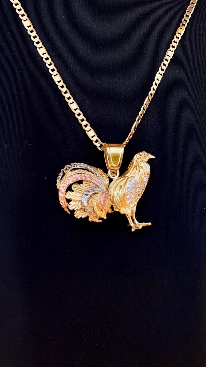 14K Gold Filed Chicken Rooster Pendant Necklace 24″ Figaro Valentino Mens Cadena