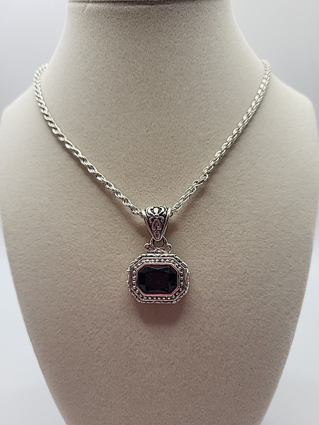 The Roman Company~RMN Signed Silver Etched Black Emerald Cut Pendent Necklace