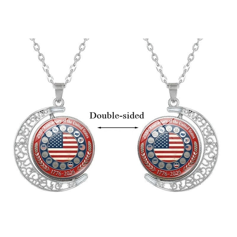 American 250th Anniversary Double-Sided Rotating Moon Alloy Necklace