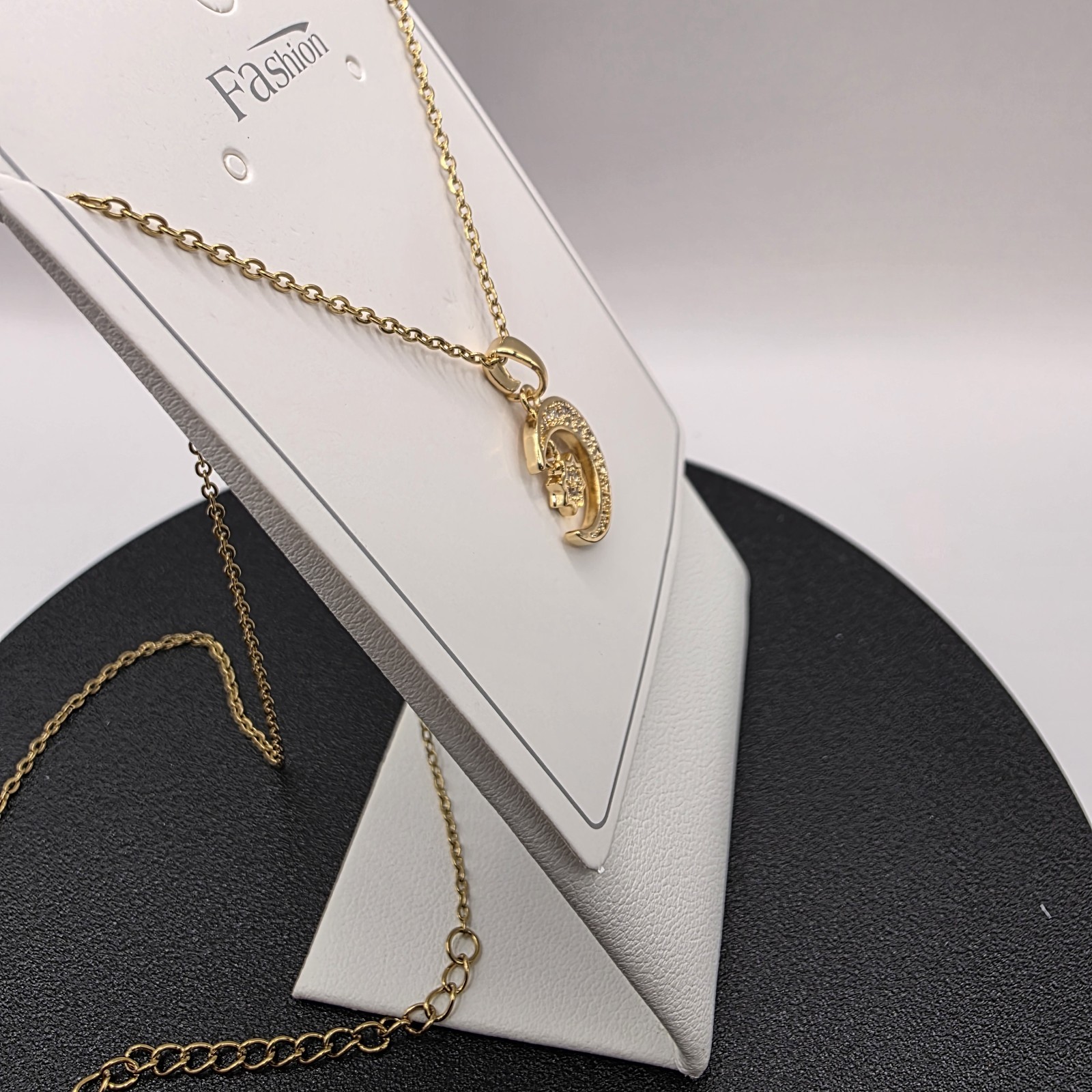 Stainless Steel Copper Plated 16″Necklace w/15mm Cubic Zirconia Half Moon& Star
