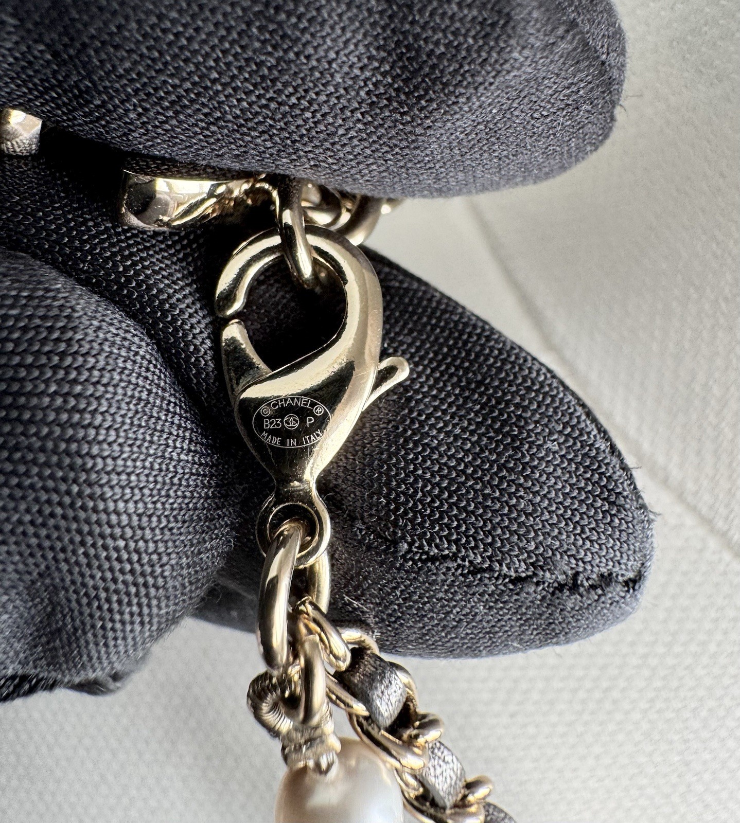 Chanel Pearl Crystal CC Necklace Bronze Leather 23P Adjustable Light Gold Chain
