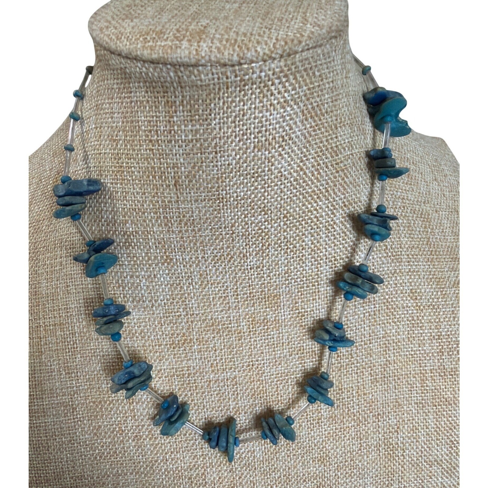Blue Stone Chip Beaded Necklace Artisan Boho Teal Layering Earth Coastal Nature