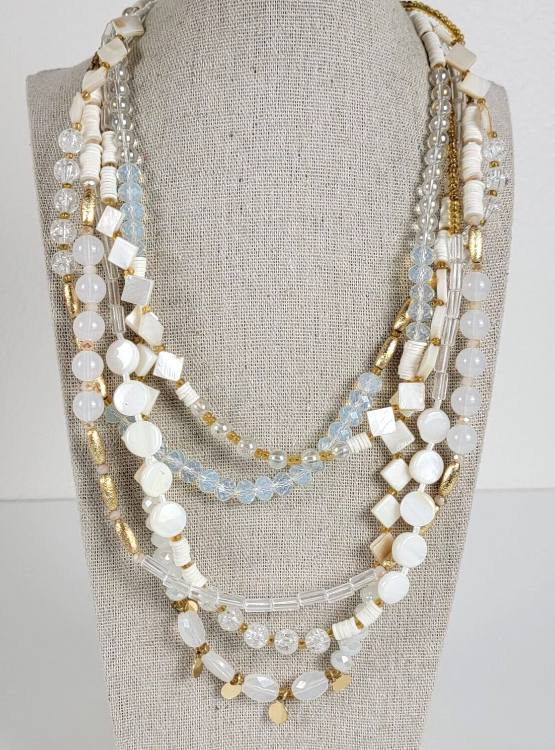 White And Gold Mother Of Pearl Glass Beaded Layered Necklace 21″ Lobstert Clasp