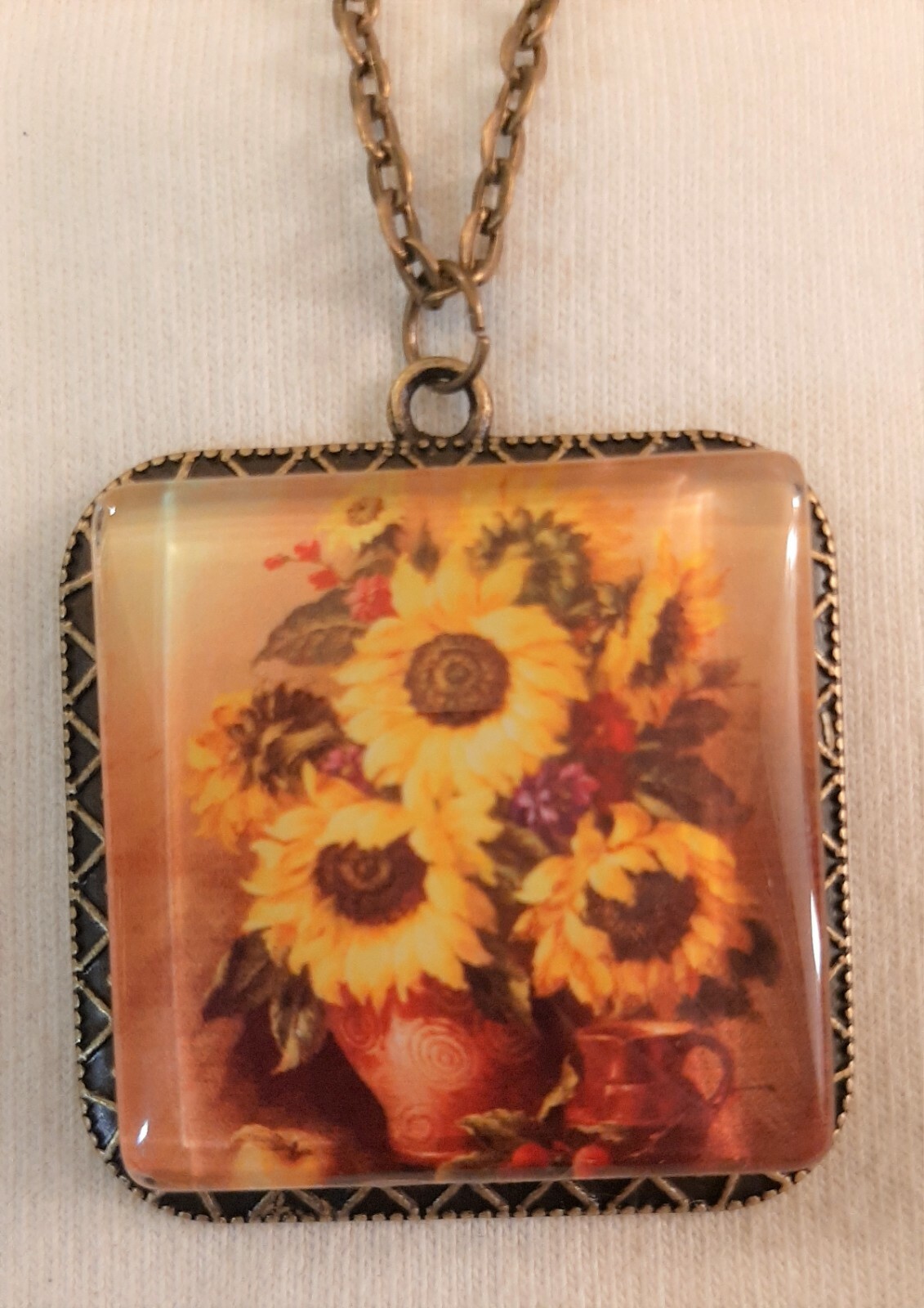 Handsome Arrow-Etched Square Brasstone Vase of Sunflowers Cameo Pendant Necklace