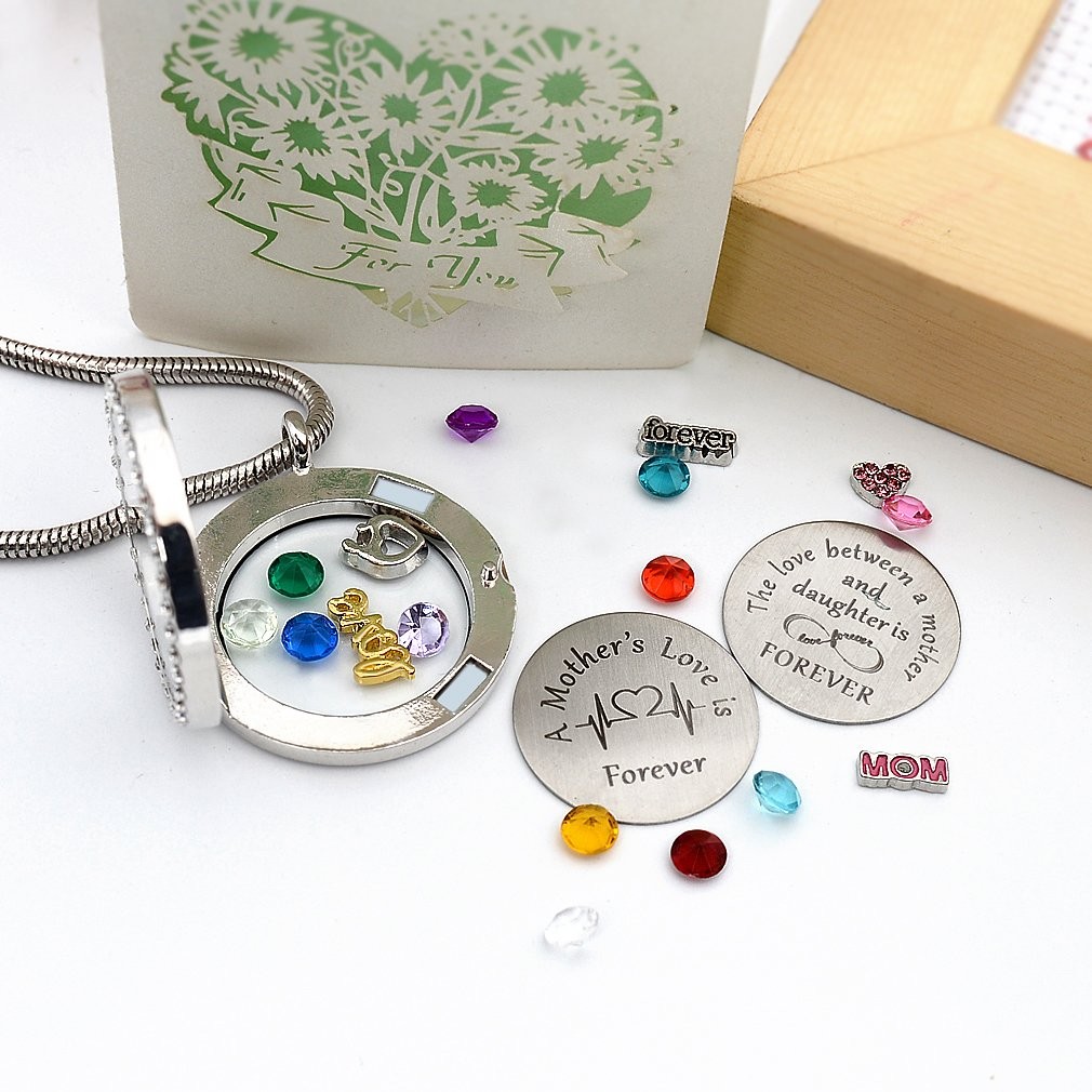 Mom Love Gift, Mother Memory Floating Locket with Birthstones Charm