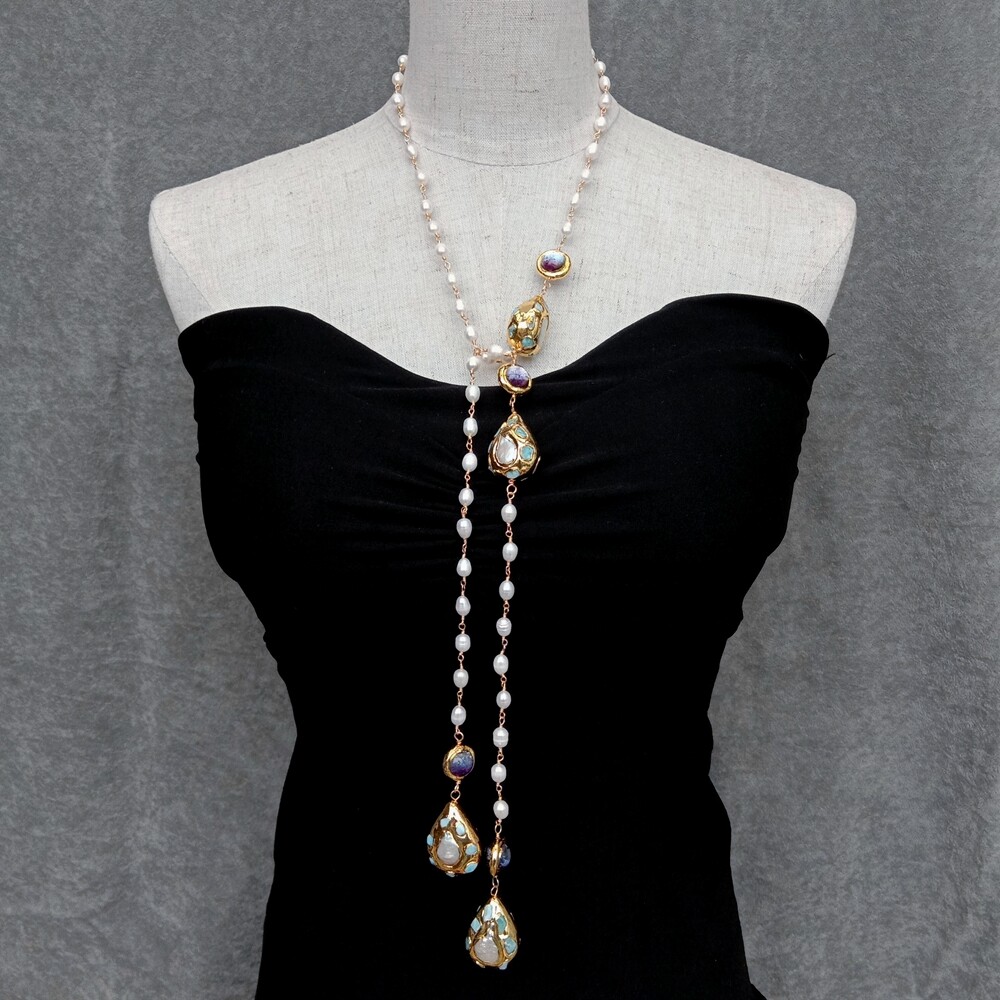 40″ Cultured Rice Pearl Larimar Purple Murano Glass Long Rosary Chain Necklace