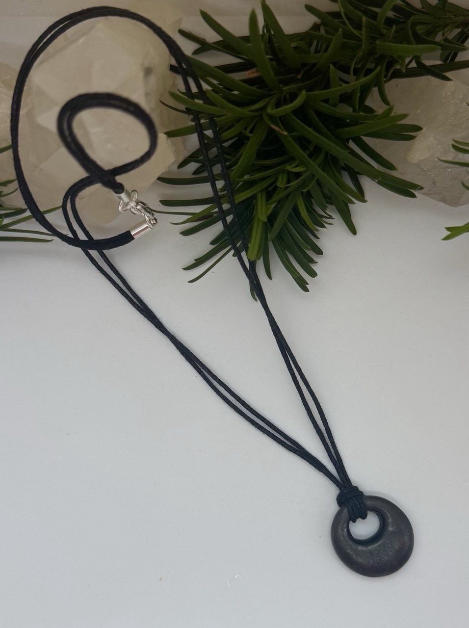 Unisex Stone Pendant Necklace Metal Round Circle Ring Donut On Cord
