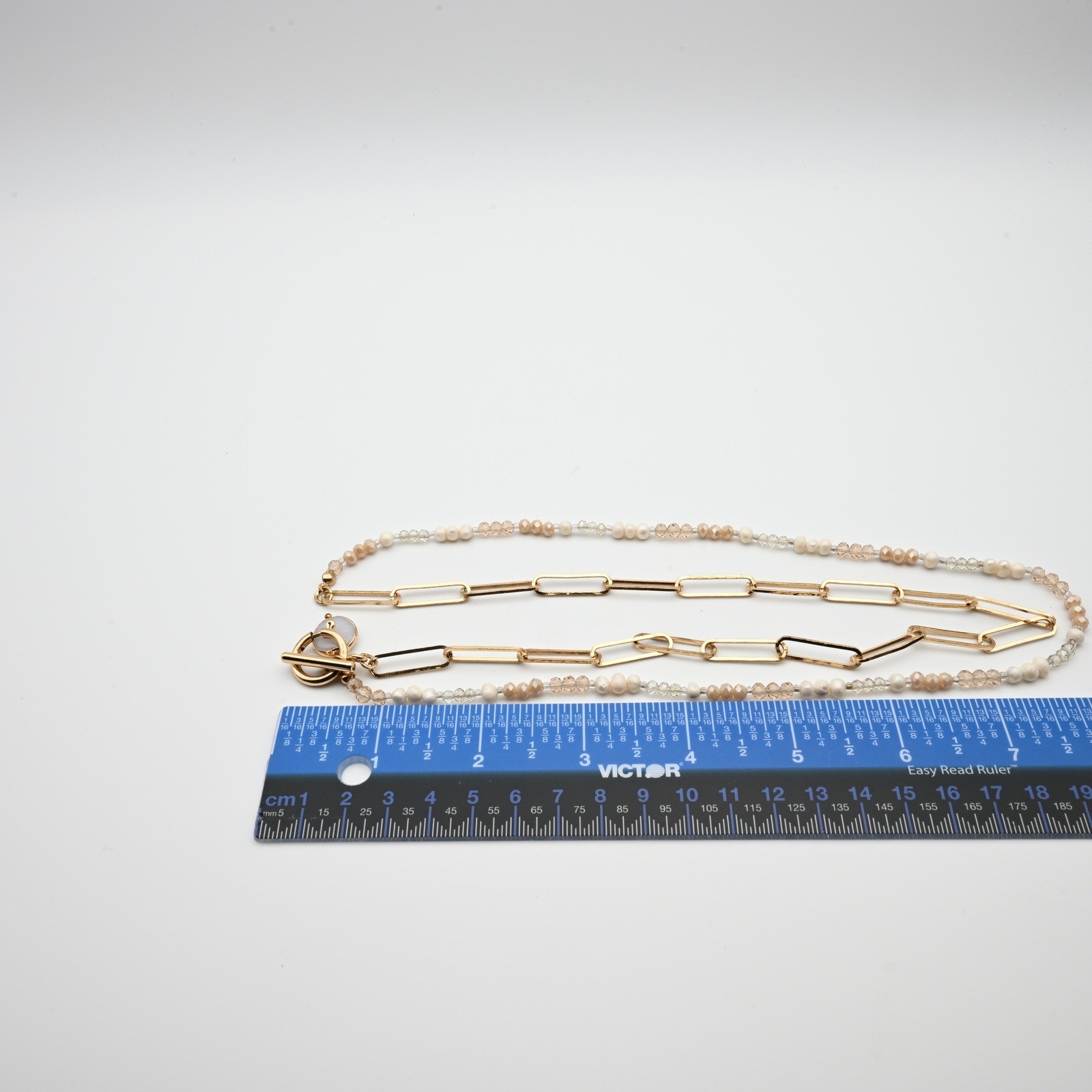 Gold Tone Paperclip Chain Faux Pearl Crystal Toggle Clasp Necklace Asymmetrical