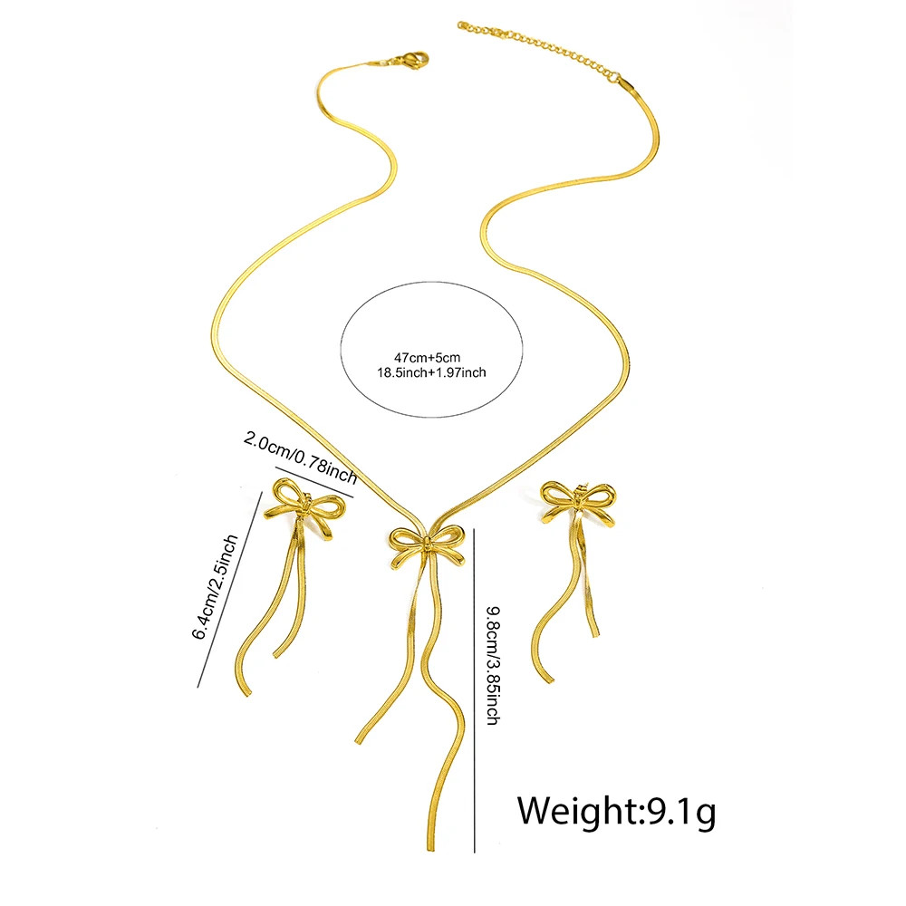 Stainless Steel Bow Tassel Necklace & Earings Women Collar Chain Jewelry Gift