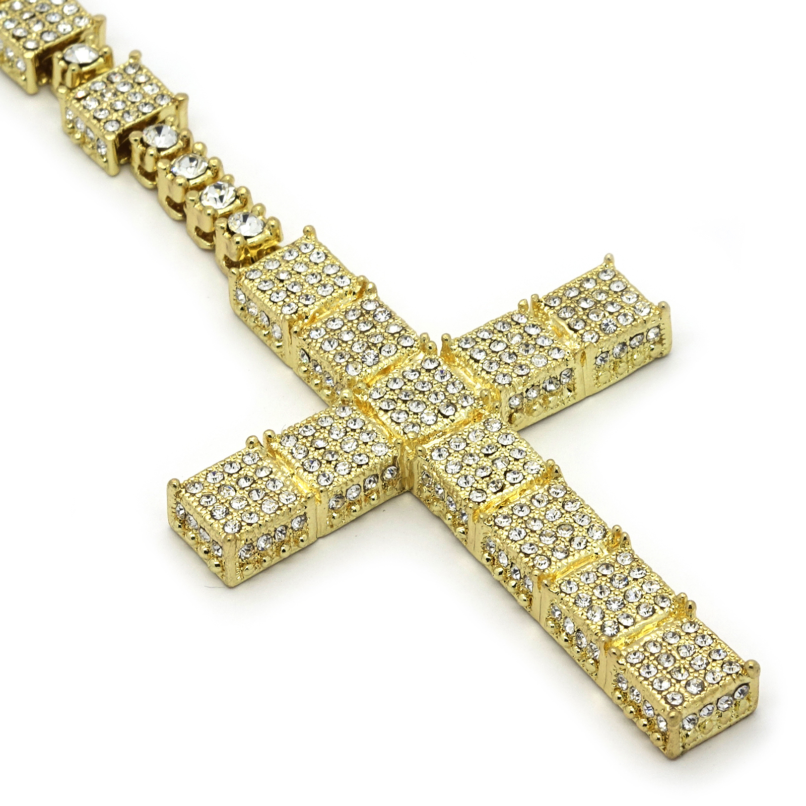 14k Gold Plated Cubic-Zirconia Rosary 3D Cube Cluster Guadalupe Necklace Cross