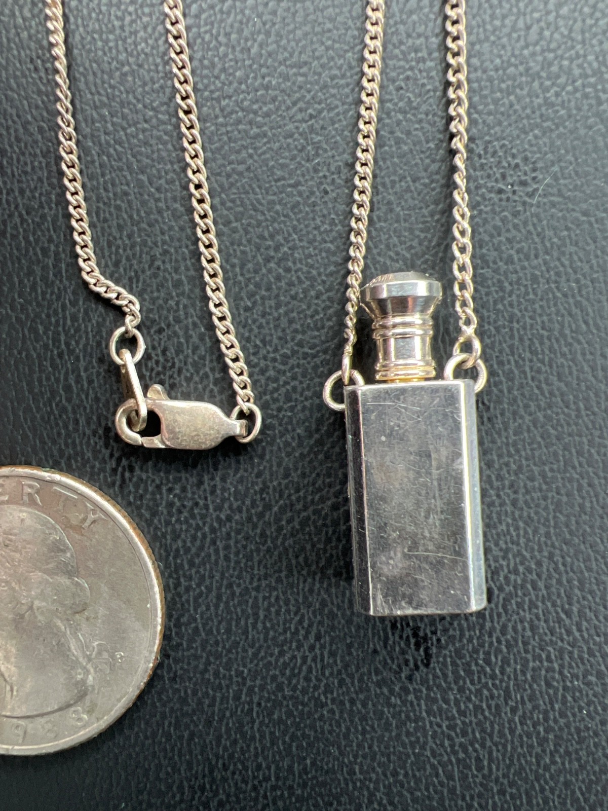 Vintage Silver Plate Miniature Perfume Bottle Pendant w/ Dauber, Long Chain