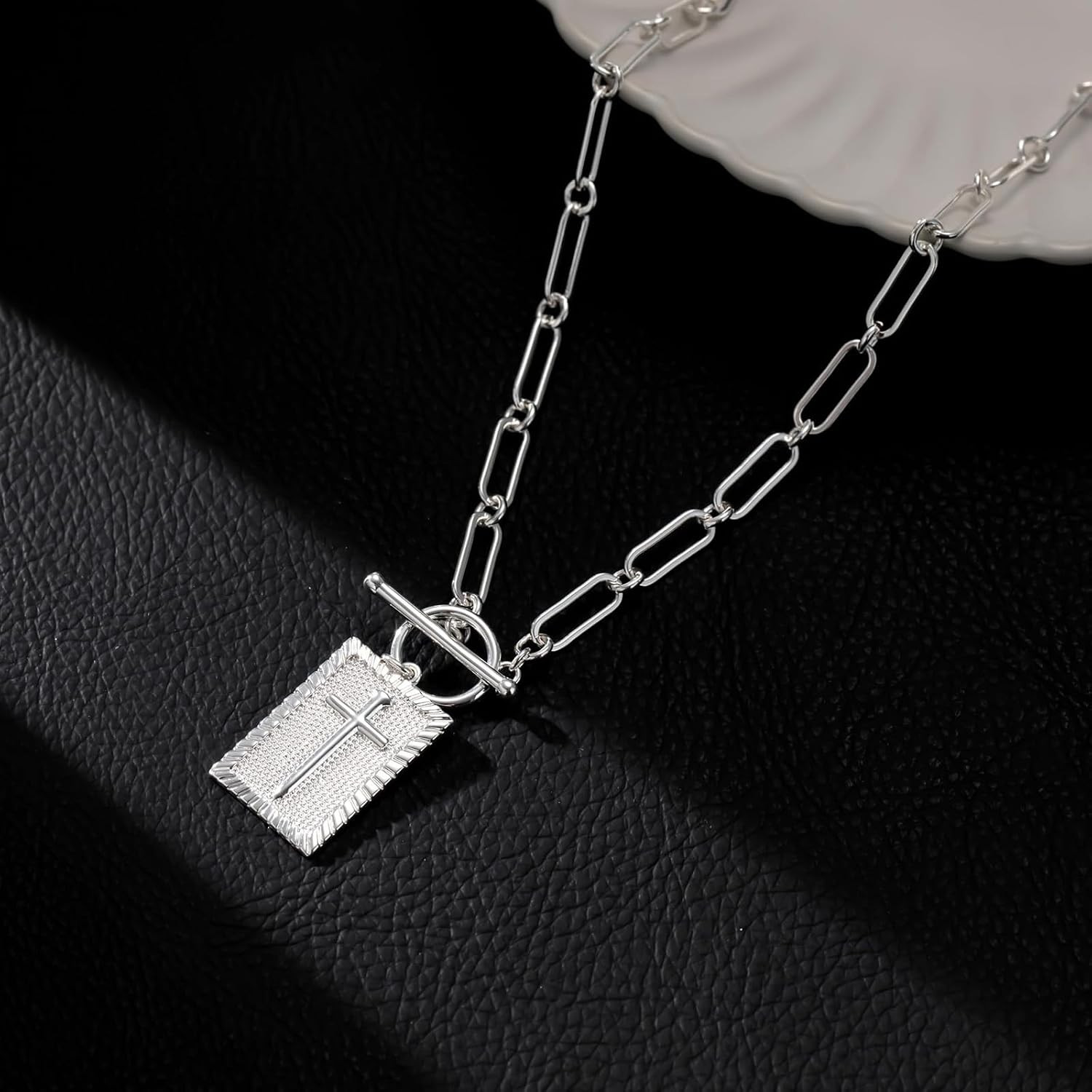 Paperclip Cross Pendant Necklace for Women Gold Toggle Clasp Rectangle Necklace