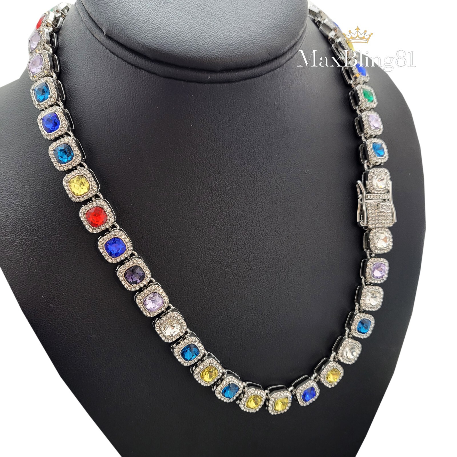 Unisex Hip Hop Style Silver Plated Iced CZ 20″ Multi Color Stone Chain Necklace