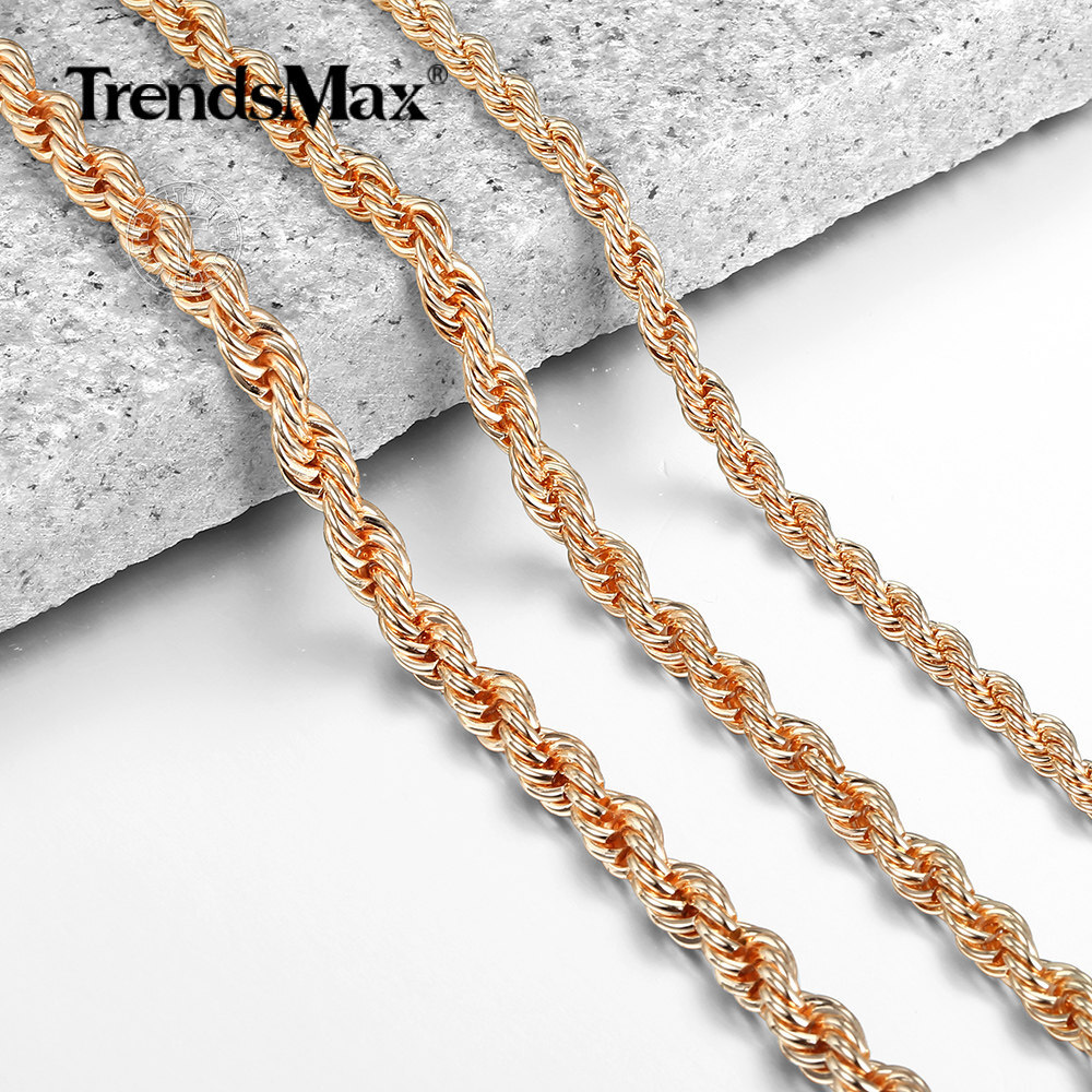 5/6mm 585 Rose Gold Plated Twisted Rope Chain Necklace 20″/24″ for Women Girls