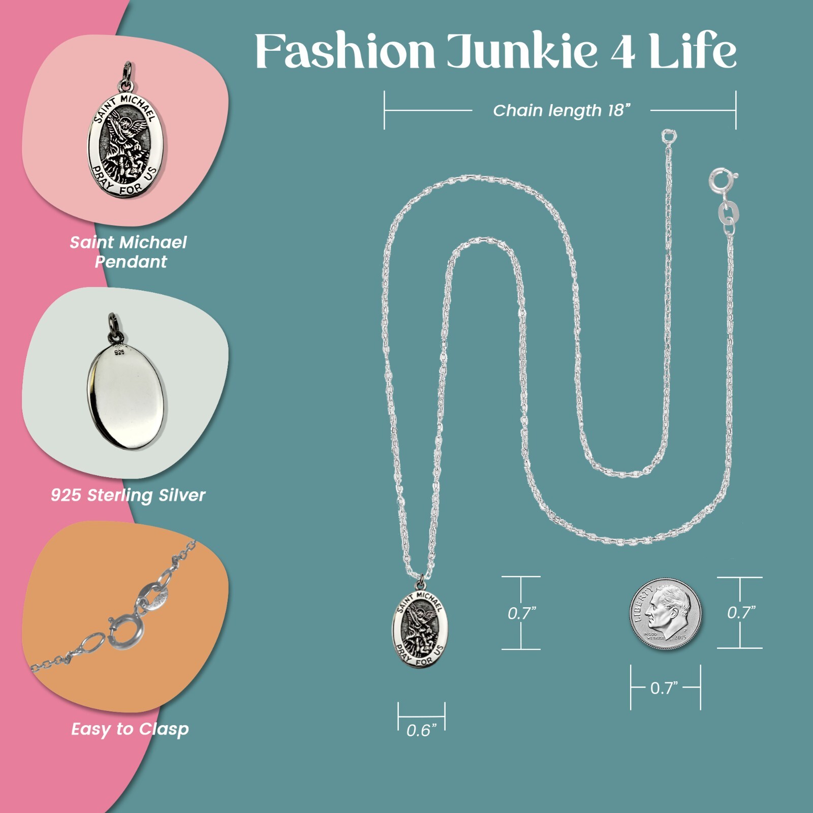 FashionJunkie4Life Sterling Silver Oval Saint Michael Pendant with 18″ Chain