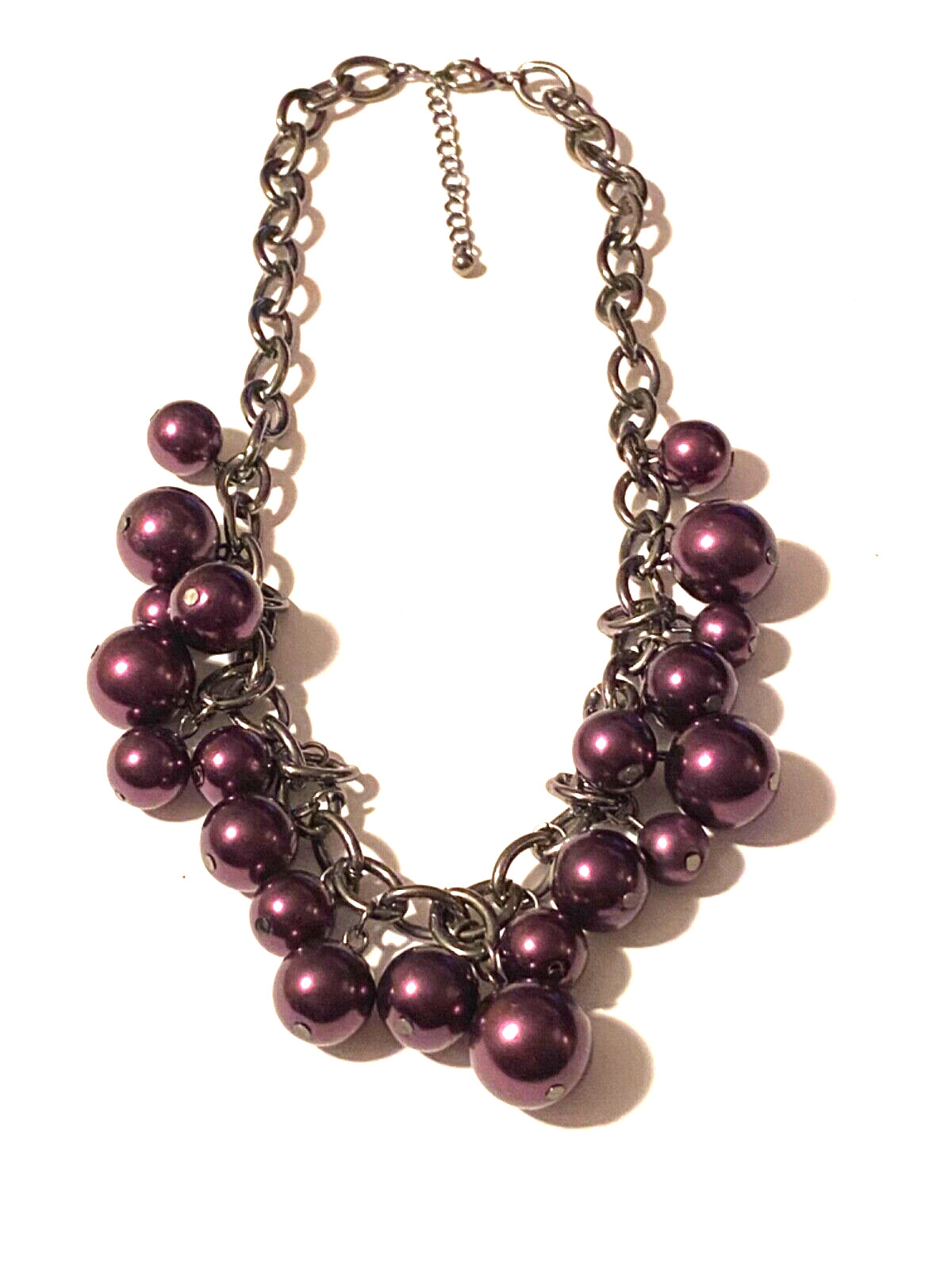 Shiny Blackened Silver Tone Chain Purple Beads 14 Inch