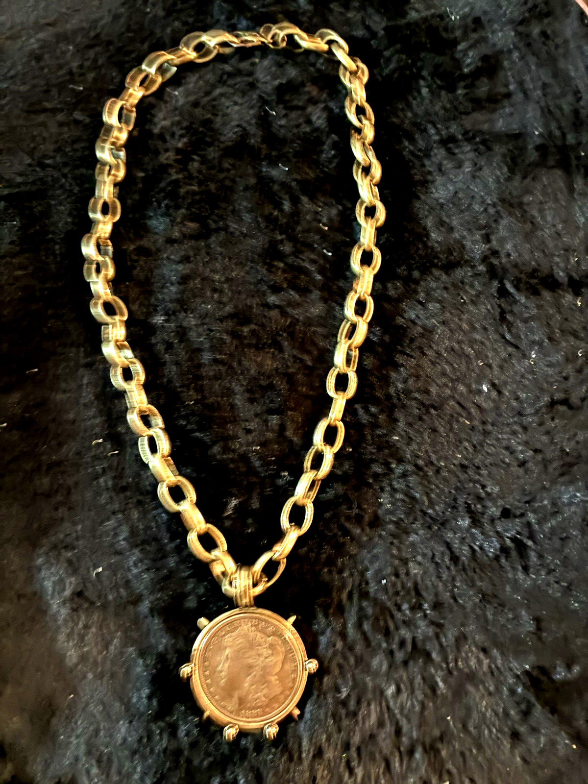 Designer VB & CO Large Coin Pendant Matte Gold Necklace￼