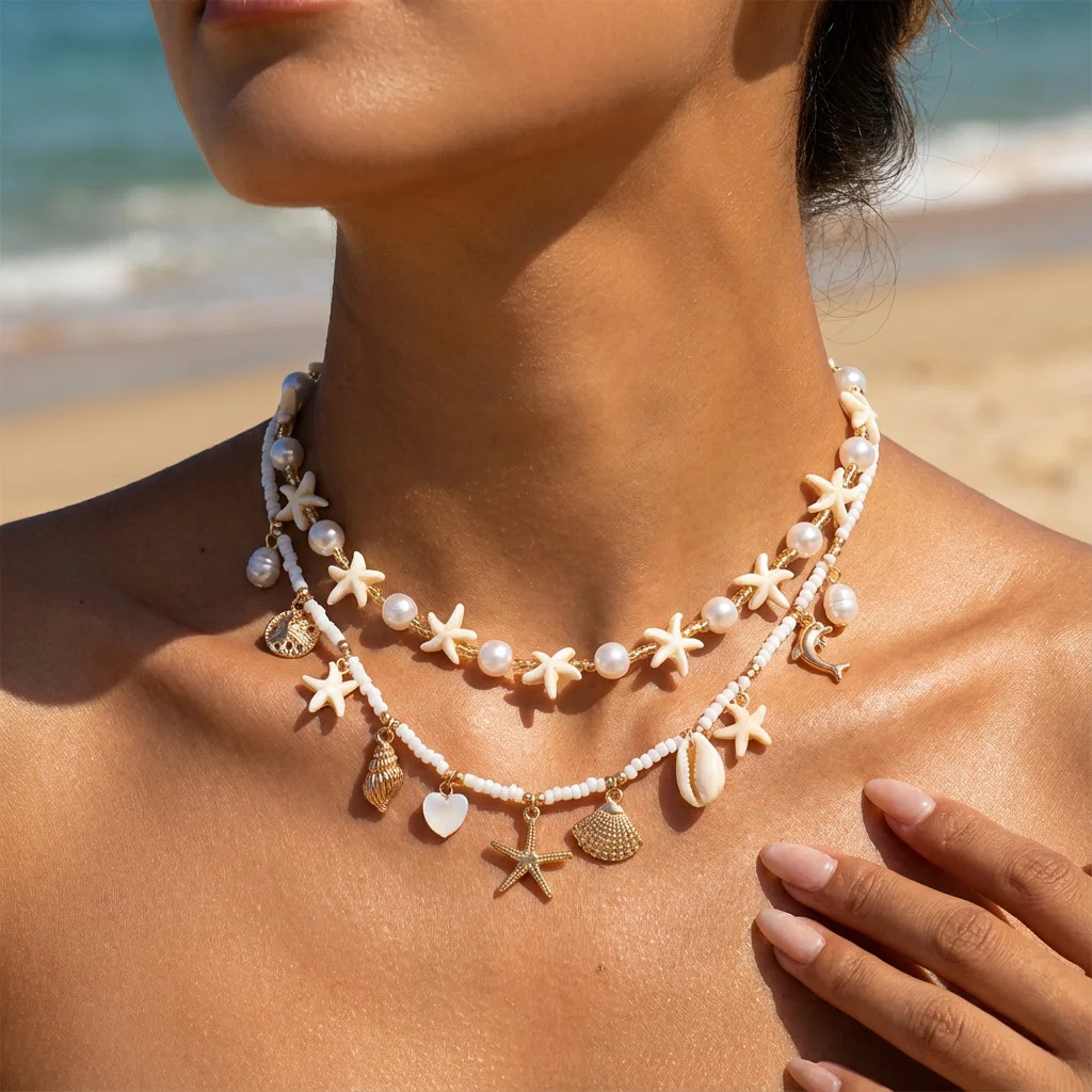 Bohemia Double Layer Shell Conch Pendant Necklace for Women Handmade Imitation P