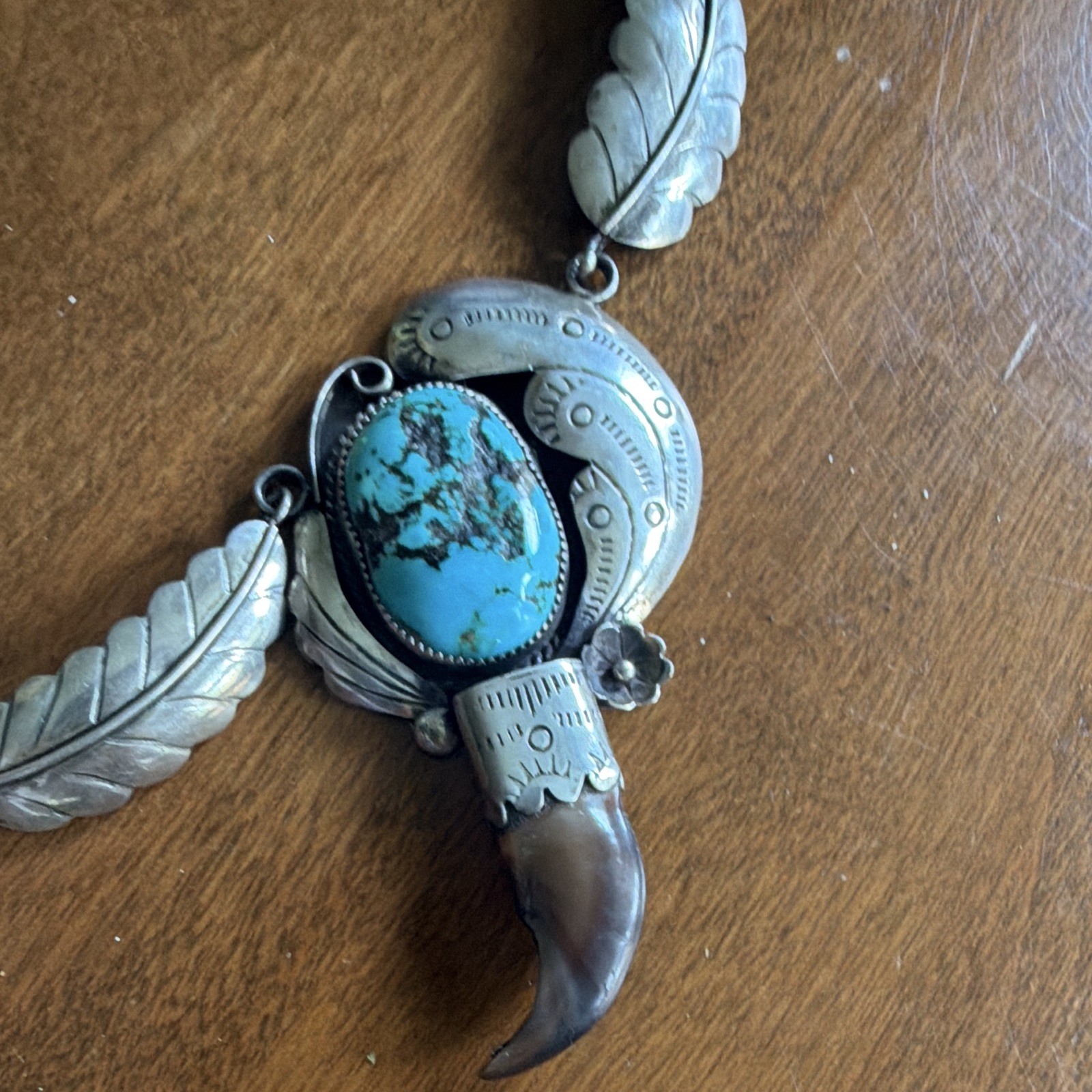 Turquoise & Coral Claw Charm Pendant Necklace, Silver Statement, Signed