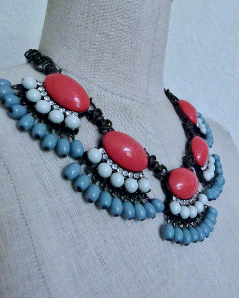 J. Crew Statement Fan Fringe Necklace Blue Coral Orange Beads Rhinestones